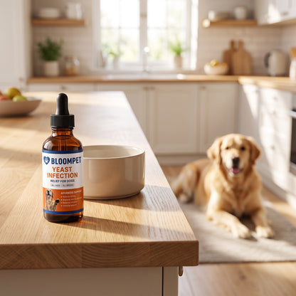 The bottle on a kitchen counter with a dog behind