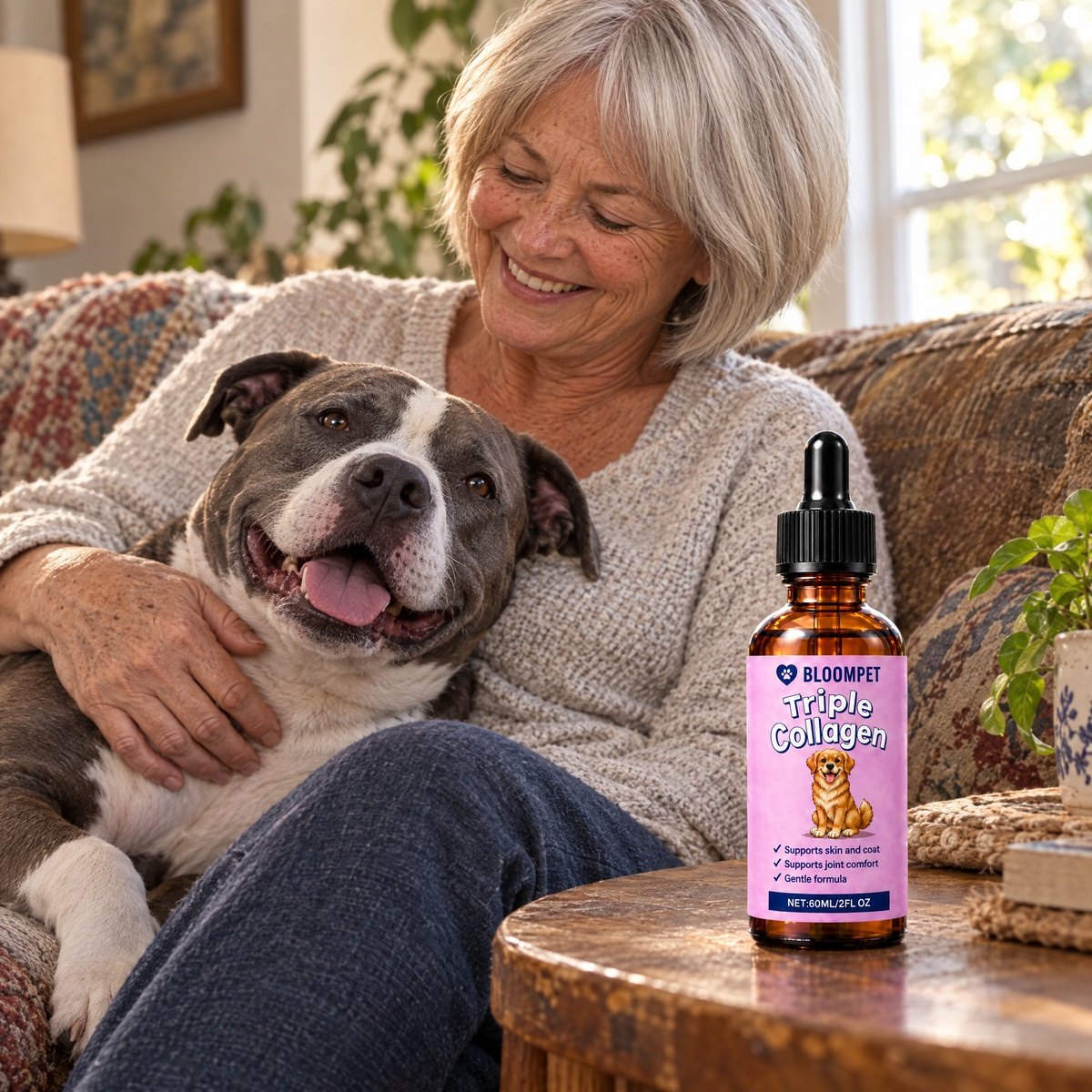 An owner at home with her staffy