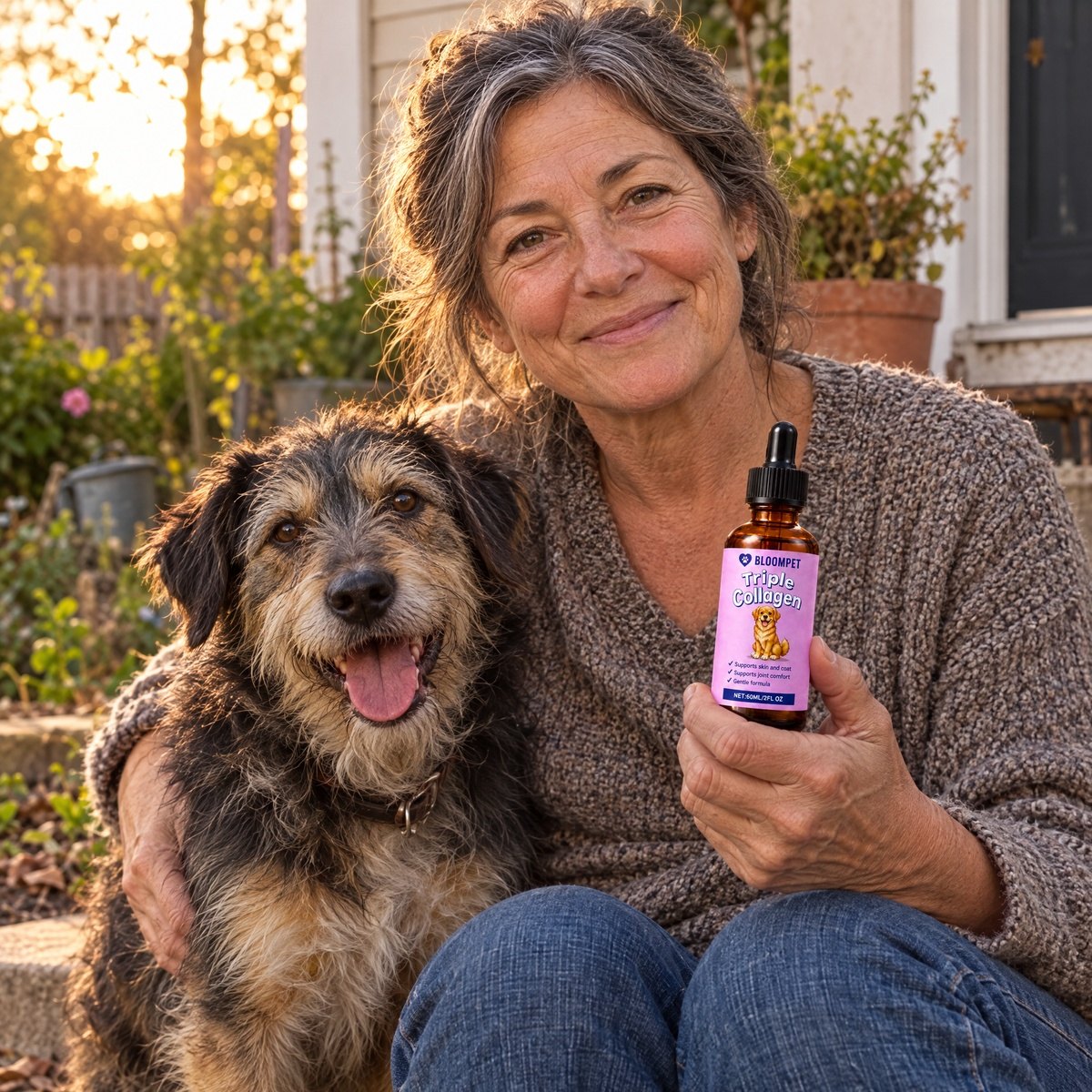 An owner and her dog on the garden step