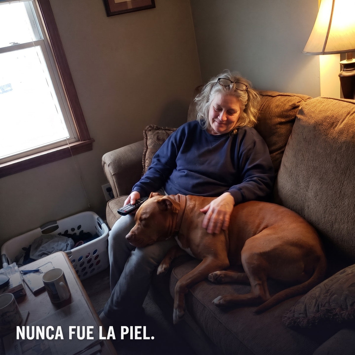 Señora en su sillón con su pitbull dormido en las piernas
