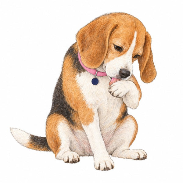 A dog licking its paw