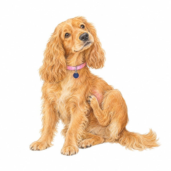 A dog with red irritated skin