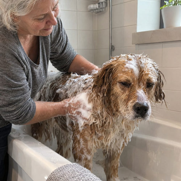 A dog in a bath